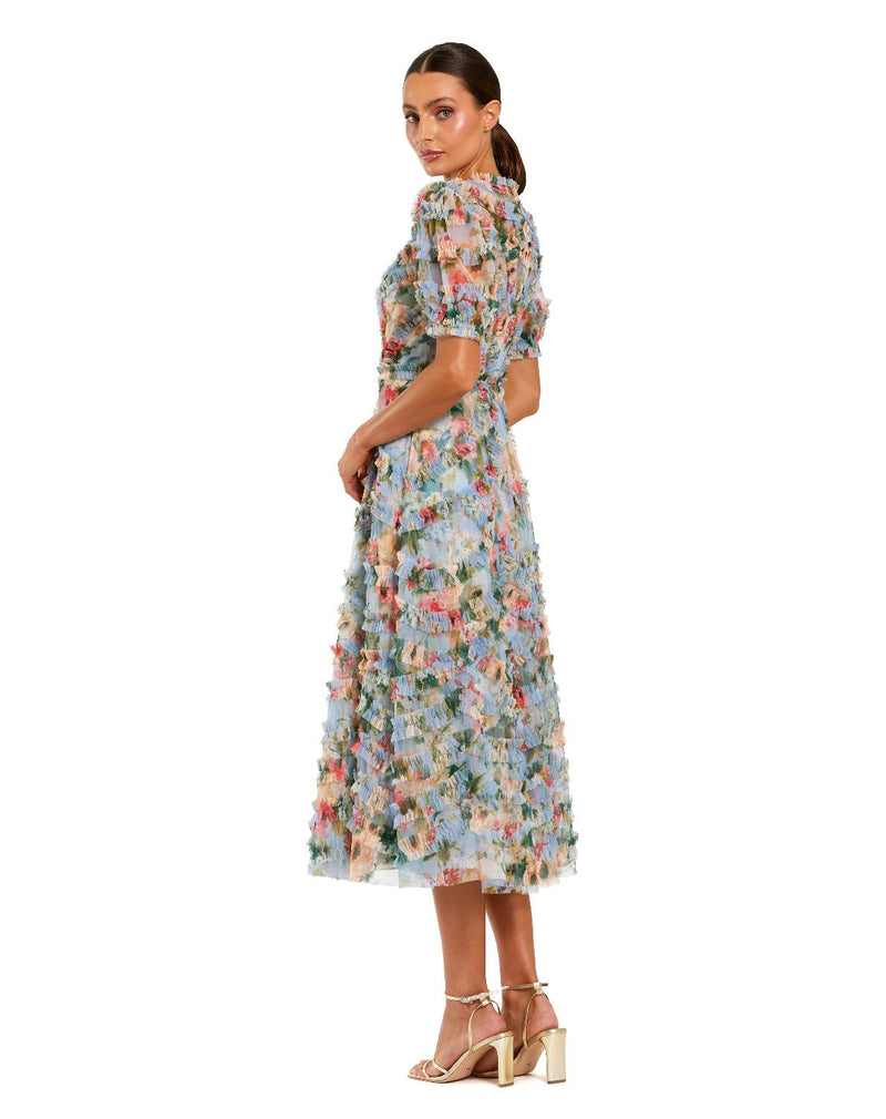 8302-Blue Floral Mesh Ruffle High Neck Midi Dress mul by Mac Duggal in multi color for women in Singapore