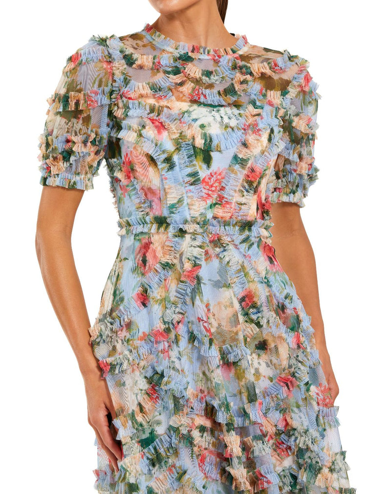 8302-Blue Floral Mesh Ruffle High Neck Midi Dress mul by Mac Duggal in multi color for women in Singapore