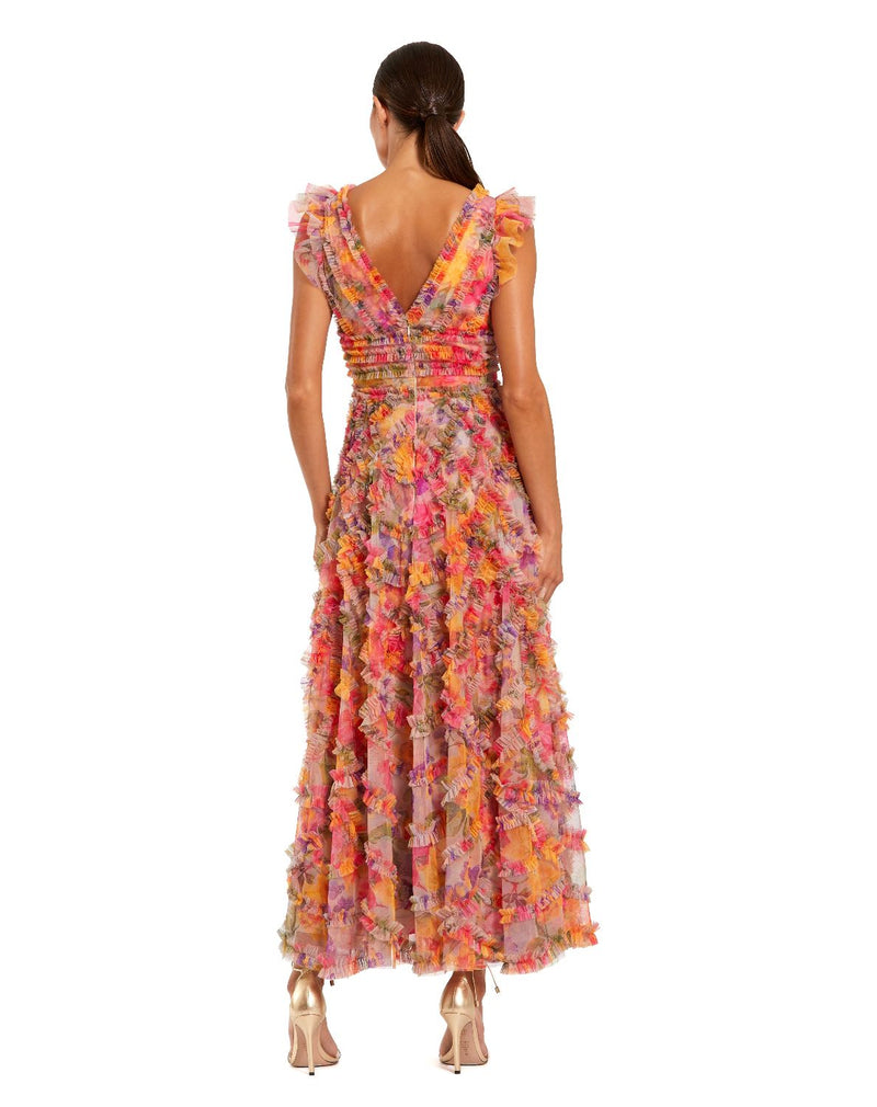 8303-Multicolor Floral V-neck Ruffle Maxi Dress mul by Mac Duggal in multi color for women in Singapore