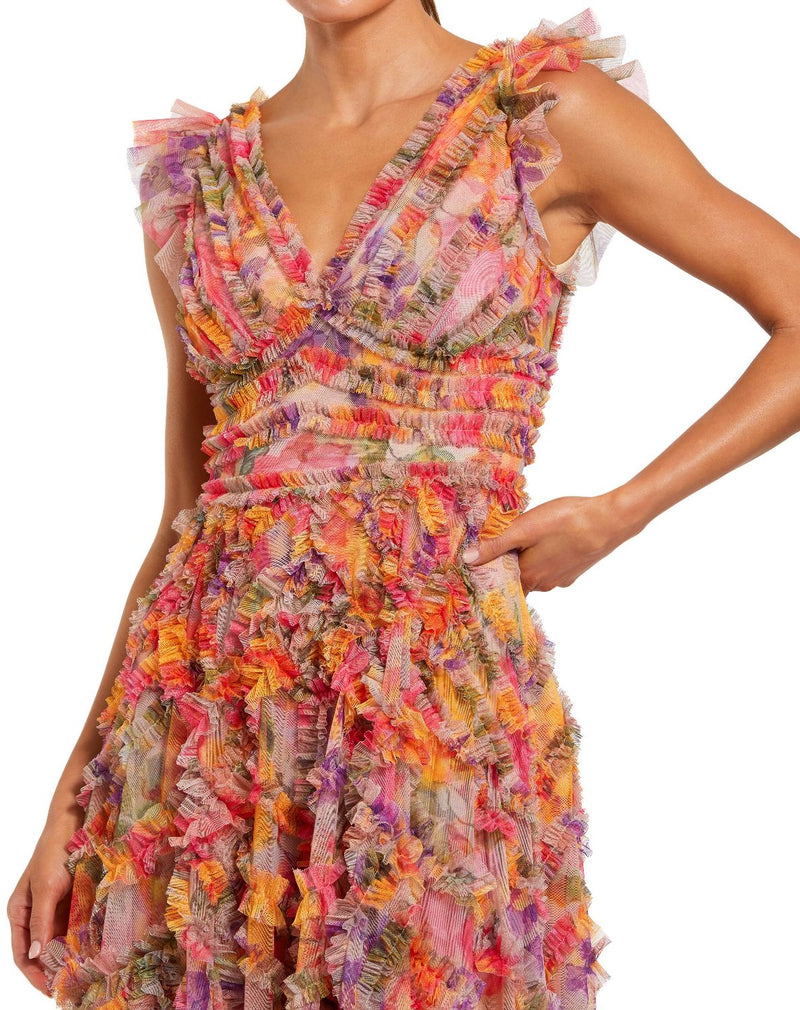 8303-Multicolor Floral V-neck Ruffle Maxi Dress mul by Mac Duggal in multi color for women in Singapore