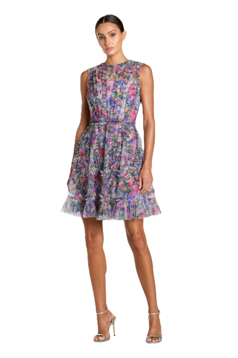 8307 - Purple Multi Micro Ruffle Floral A-Line Mini Dress by Mac Duggal in purple color for women in Singapore