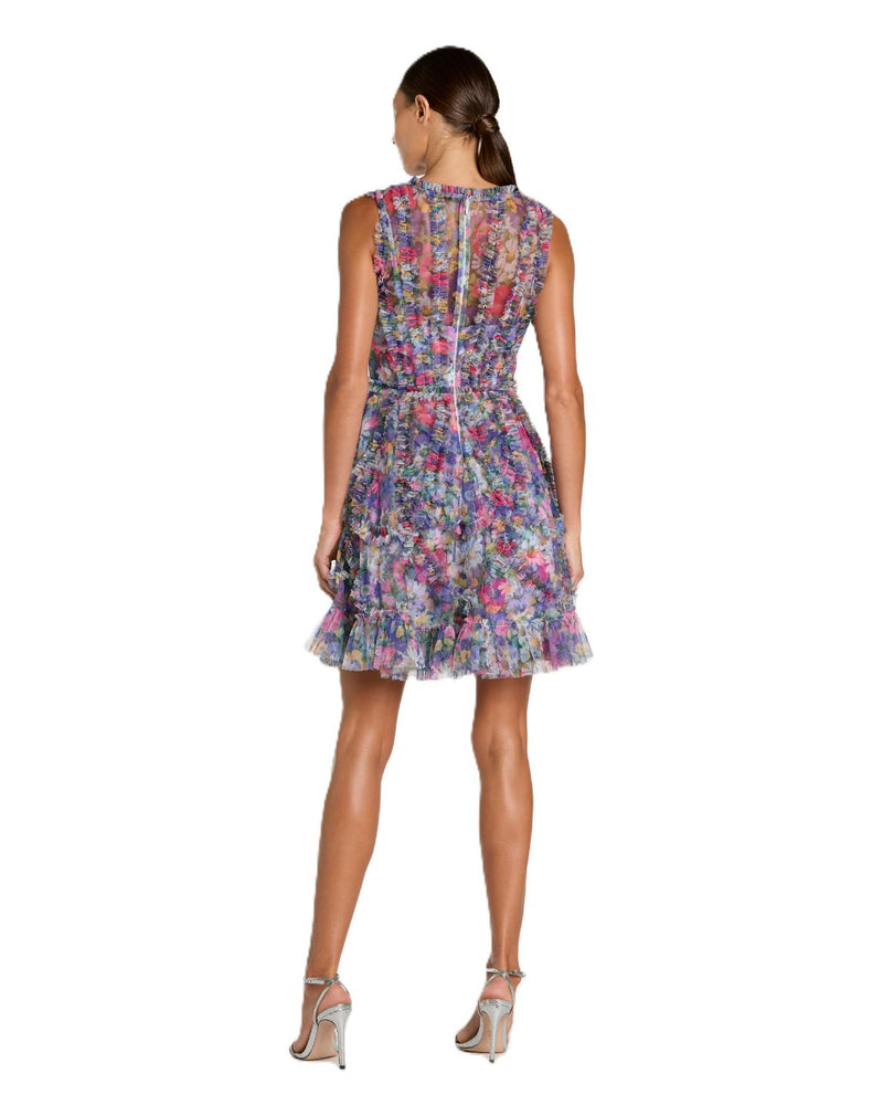 8307 - Purple Multi Micro Ruffle Floral A-Line Mini Dress by Mac Duggal in purple color for women in Singapore