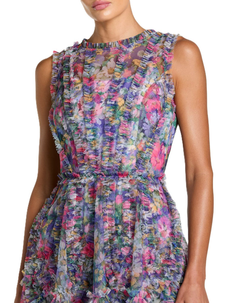 8307 - Purple Multi Micro Ruffle Floral A-Line Mini Dress by Mac Duggal in purple color for women in Singapore