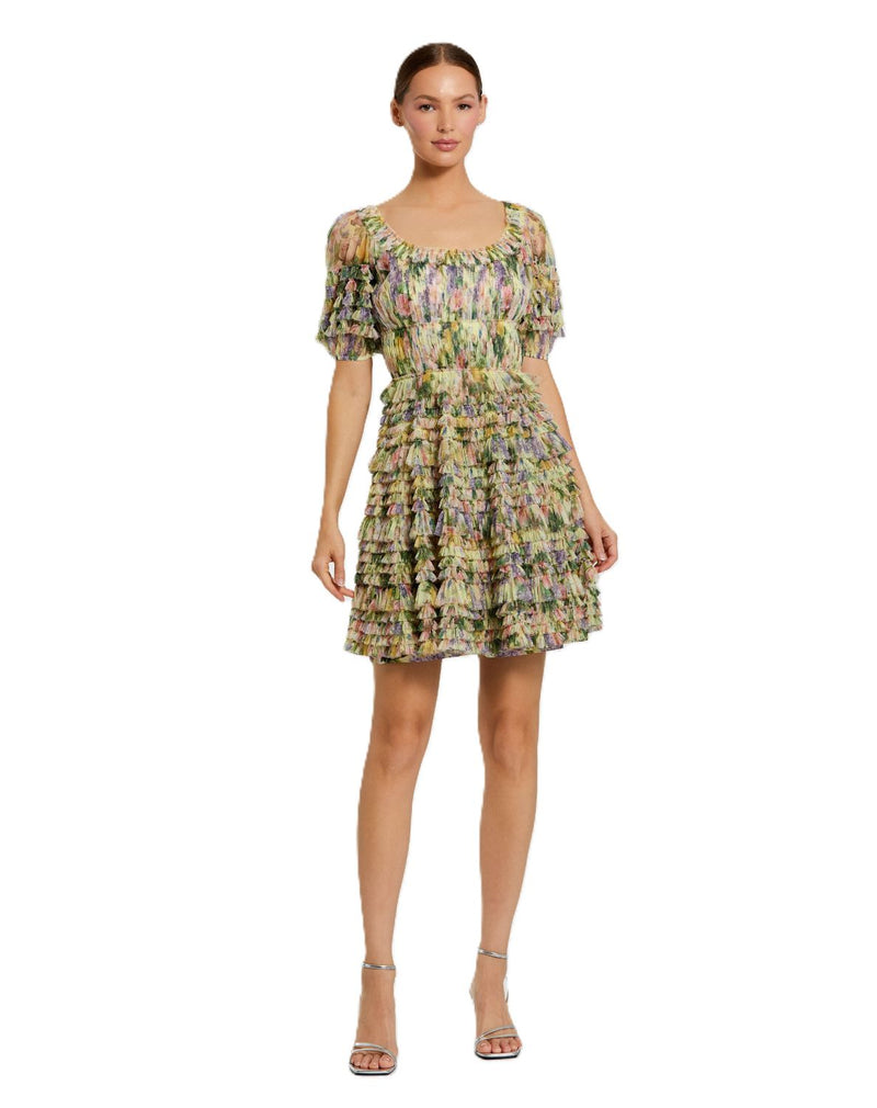 8327 - Multicolor Floral Puff Sleeve Ruffle Mini Dress polyester cocktail/party dress by Mac Duggal in yellow for women in Singapore