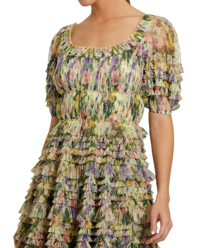 8327 - Multicolor Floral Puff Sleeve Ruffle Mini Dress polyester cocktail/party dress by Mac Duggal in yellow for women in Singapore