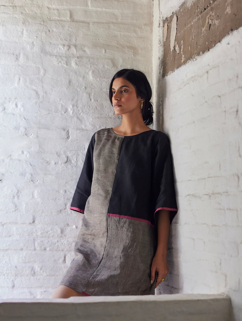 Ahana Metallic Linen Dress linen by Manan in black color for women in Singapore