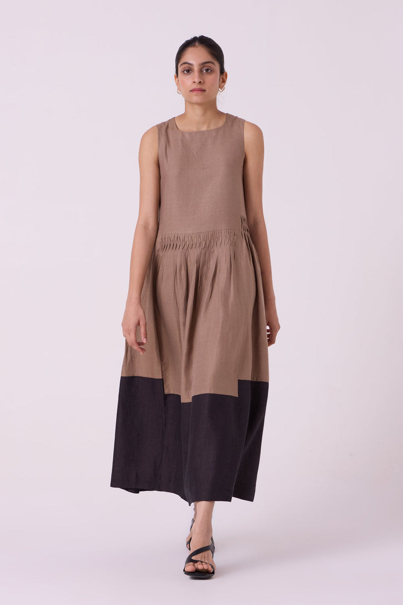 Sumi Brown Colourblocked Linen Midi Dress linen dress by The Summer House in brown for women in Singapore