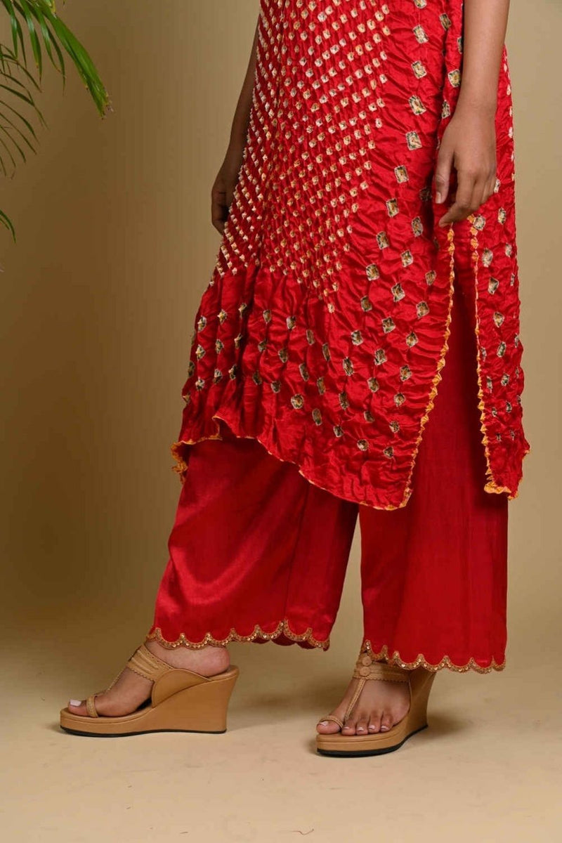 SCALLOP EMBROIDERED PANTS-RED silk by Dyelogue in red color for women in Singapore