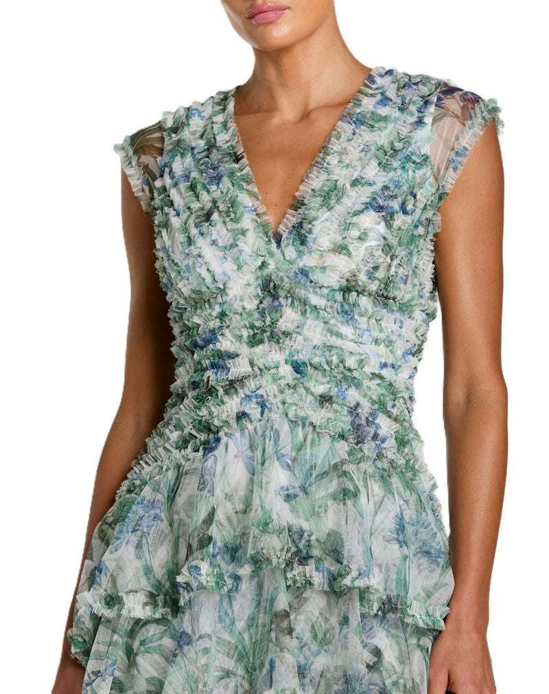 8423 - Blue Multi Floral Ruffle Dress by Mac Duggal in blue color for women in Singapore