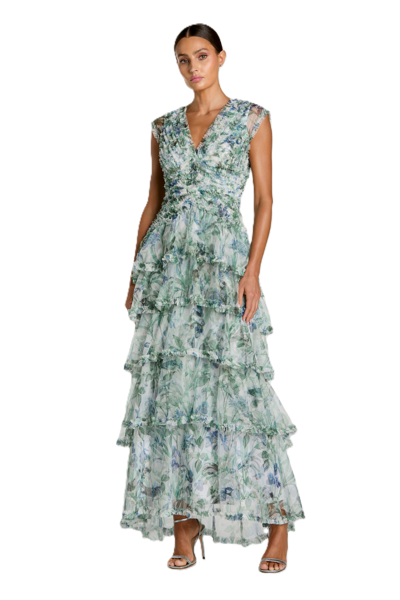 8423 - Blue Multi Floral Ruffle Dress by Mac Duggal in blue color for women in Singapore