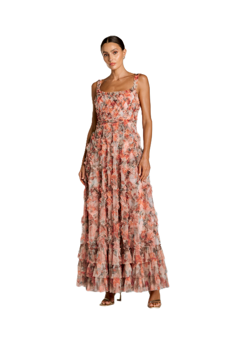 8424 - Multicolor Floral Ruffle Tiered Midi Dress polyester cocktail/party dress by Mac Duggal in multi - color for women in Singapore