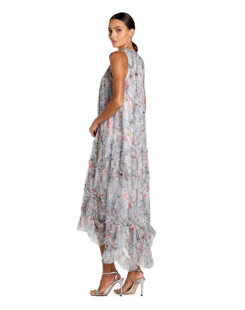 8430 - Pearl Grey Sleeveless High Neck Ruffle Floral Dress by Mac Duggal in grey color for women in Singapore