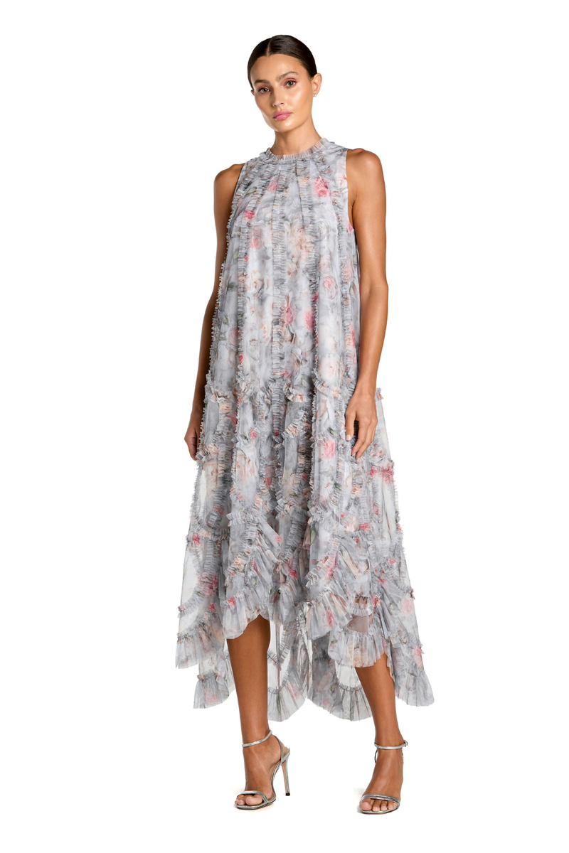 8430 - Pearl Grey Sleeveless High Neck Ruffle Floral Dress by Mac Duggal in grey color for women in Singapore