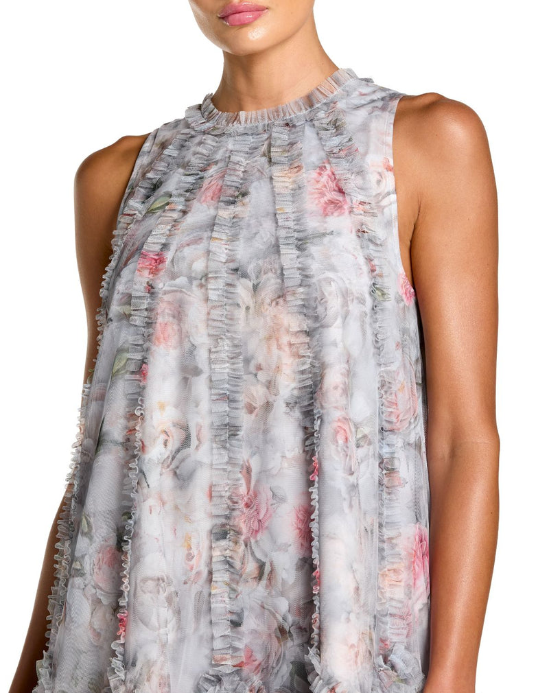 8430 - Pearl Grey Sleeveless High Neck Ruffle Floral Dress by Mac Duggal in grey color for women in Singapore