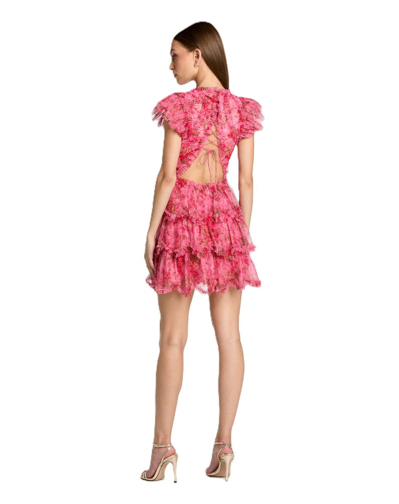 8473 - Pink Floral High Neck Cap Sleeve Ruffle Mini Dress by Mac Duggal in pink color for women in Singapore