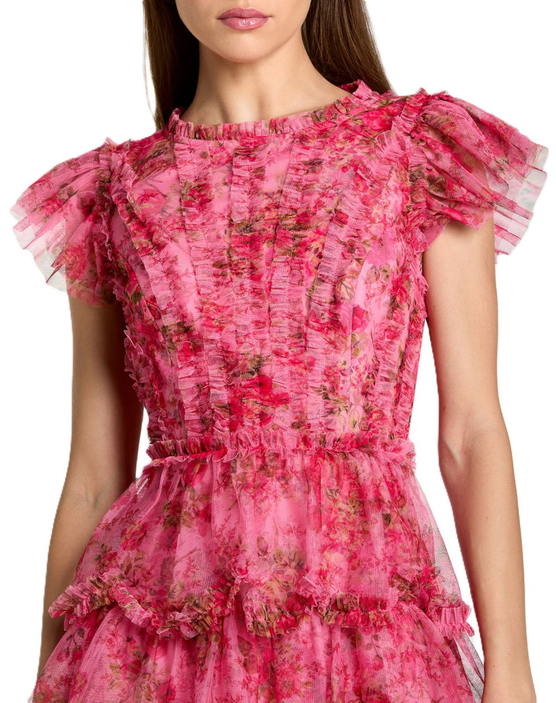 8473 - Pink Floral High Neck Cap Sleeve Ruffle Mini Dress by Mac Duggal in pink color for women in Singapore