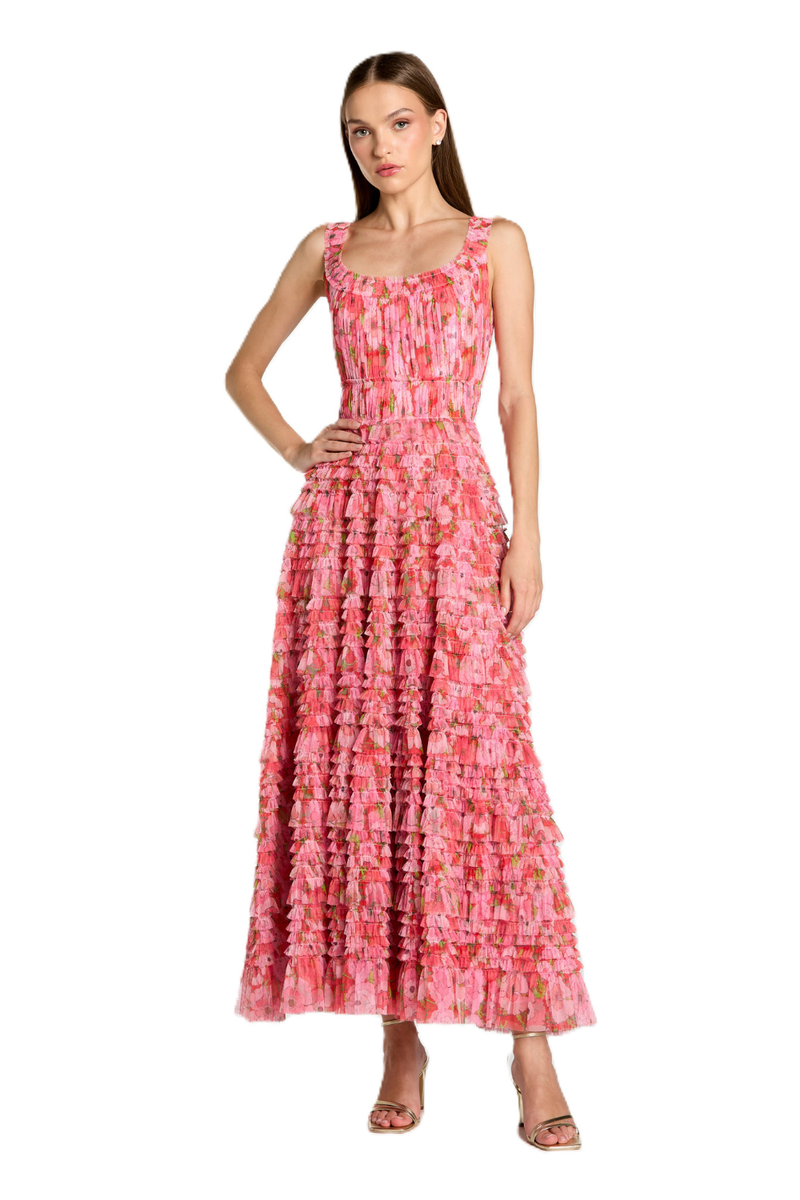 8496 - Pink Multicolor Floral Printed Ruffle Maxi Dress by Mac Duggal in pink color for women in Singapore