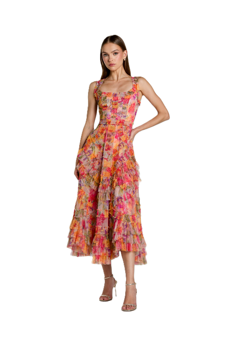8499 - Multicolor Floral Scoop Neck A-Line Ruffle Midi Dress polyester cocktail/party dress by Mac Duggal in multi - color for women in Singapore