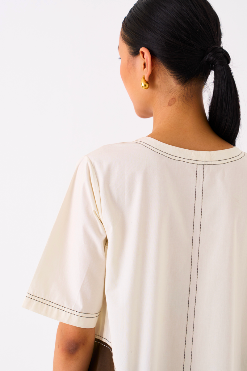 SIDE U-PLEAT DRESS-IVORY/DARK OLIVE poplin by THREE in olive color for women in Singapore