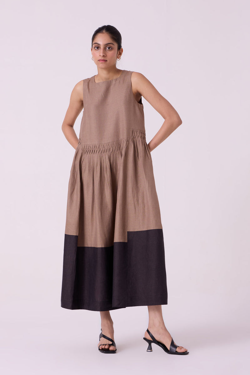 Sumi Brown Colourblocked Linen Midi Dress linen dress by The Summer House in brown for women in Singapore