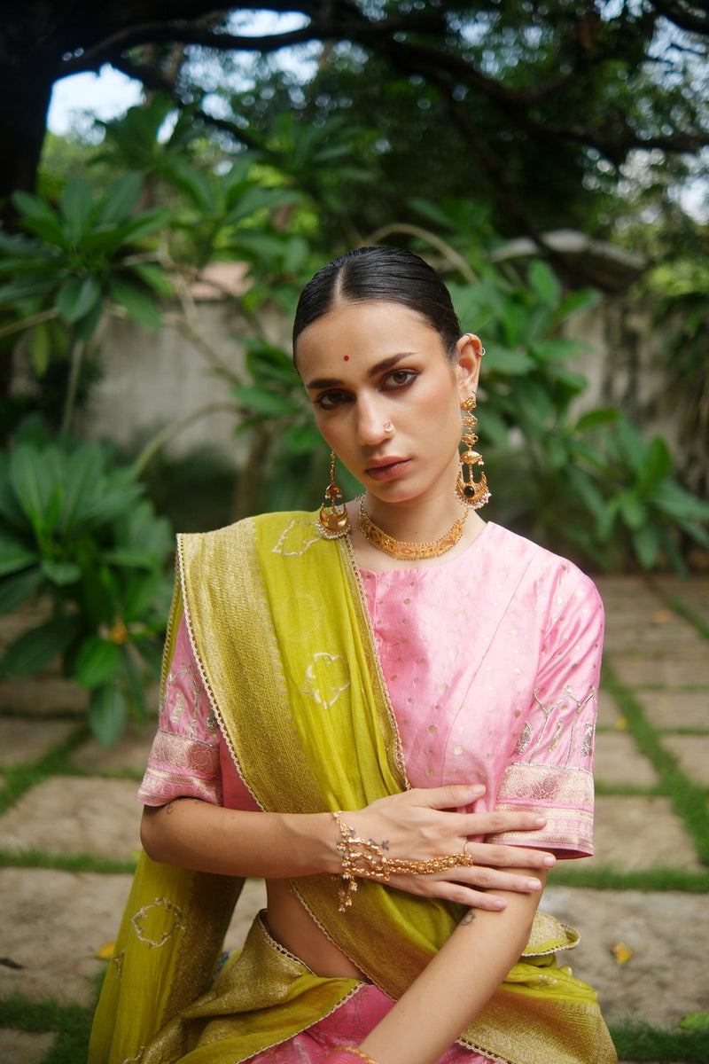 Ruh Lehenga Choli brocade lehenga sets by Myoho in pink for women in Singapore