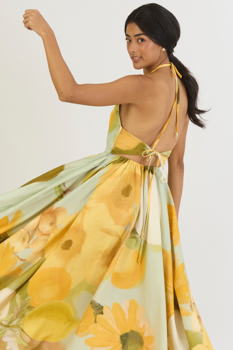 LEMONADE HALTER NECK DRESS satin by Yam in yellow color for women in Singapore