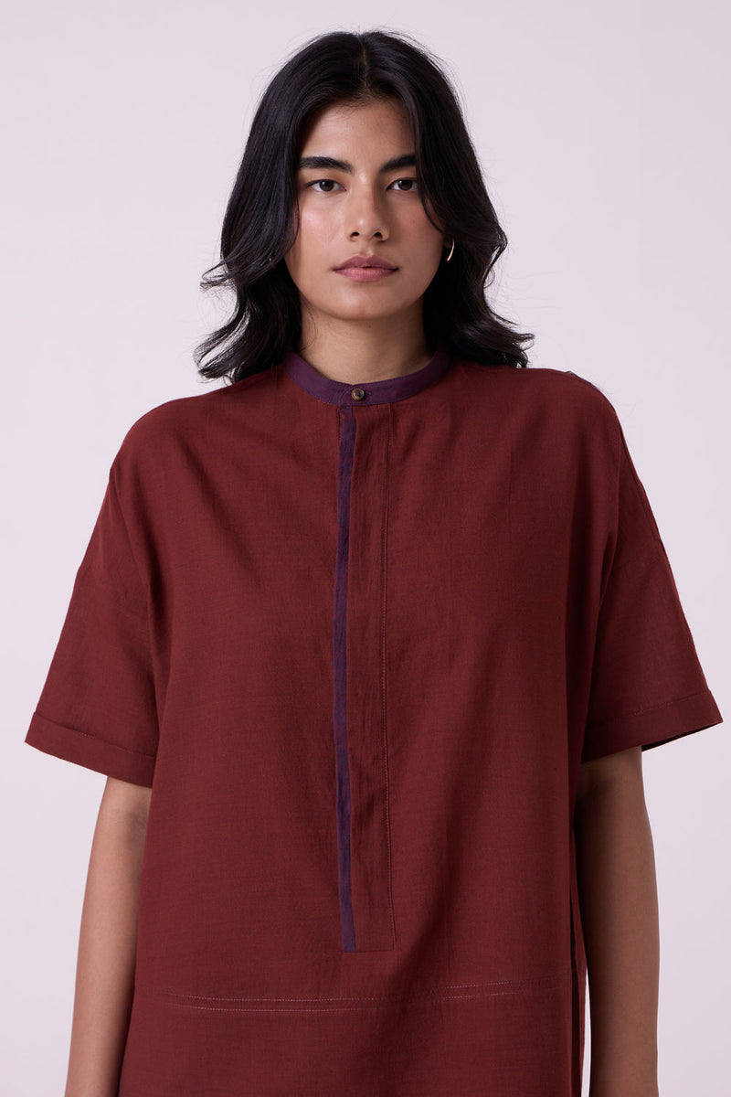 Hane Brown Colourblocked HandwovenTunic handwoven cotton tunics/kaftan by The Summer House in brown for women in Singapore