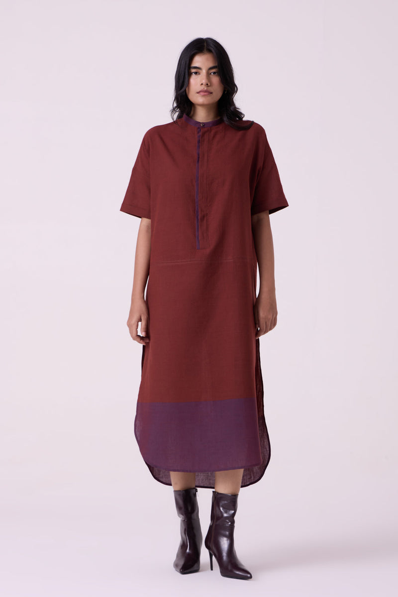 Hane Brown Colourblocked HandwovenTunic handwoven cotton tunics/kaftan by The Summer House in brown for women in Singapore