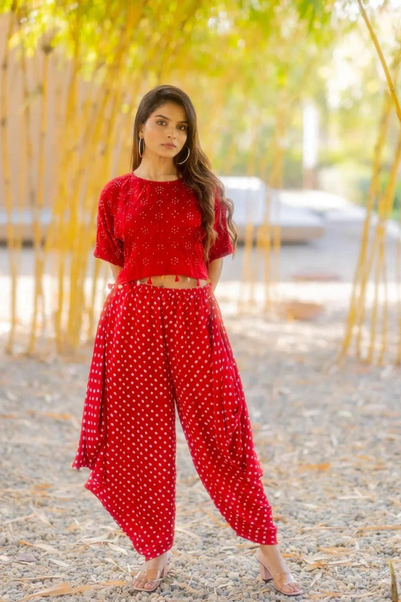 BANDHANI WRAP DHOTI-RED silk by Dyelogue in red color for women in Singapore