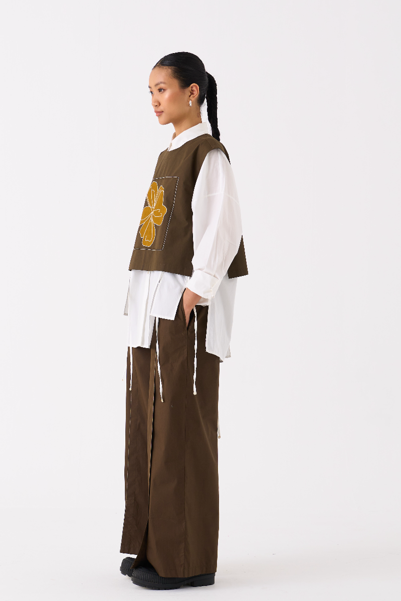 PANELLED SHIRT CO-ORD 
(SET OF 3)-DARK OLIVE poplin by THREE in olive color for women in Singapore