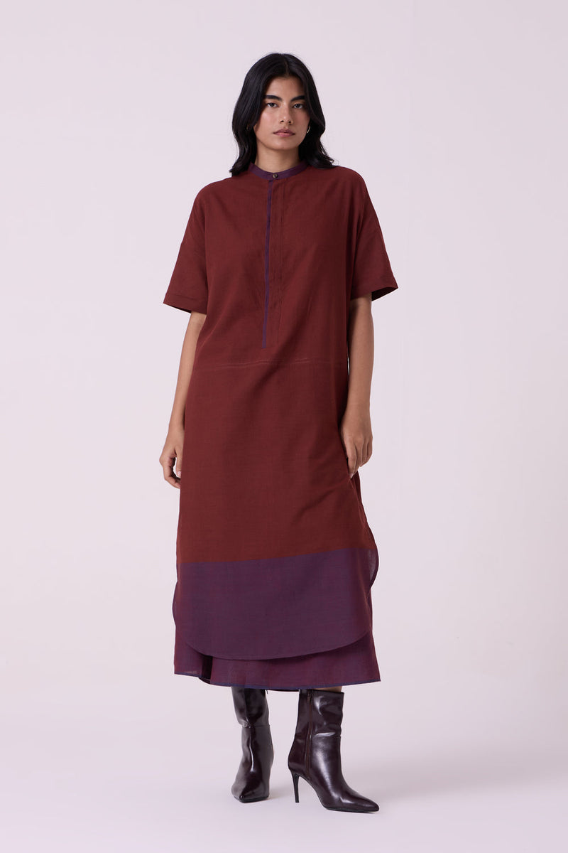 Hane Brown Colourblocked HandwovenTunic handwoven cotton tunics/kaftan by The Summer House in brown for women in Singapore