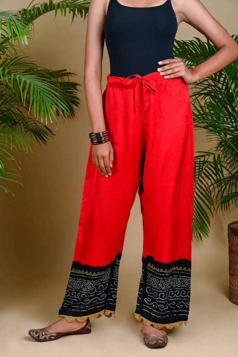 BANDHANI PANTS-BLACK & RED silk by Dyelogue in red color for women in Singapore