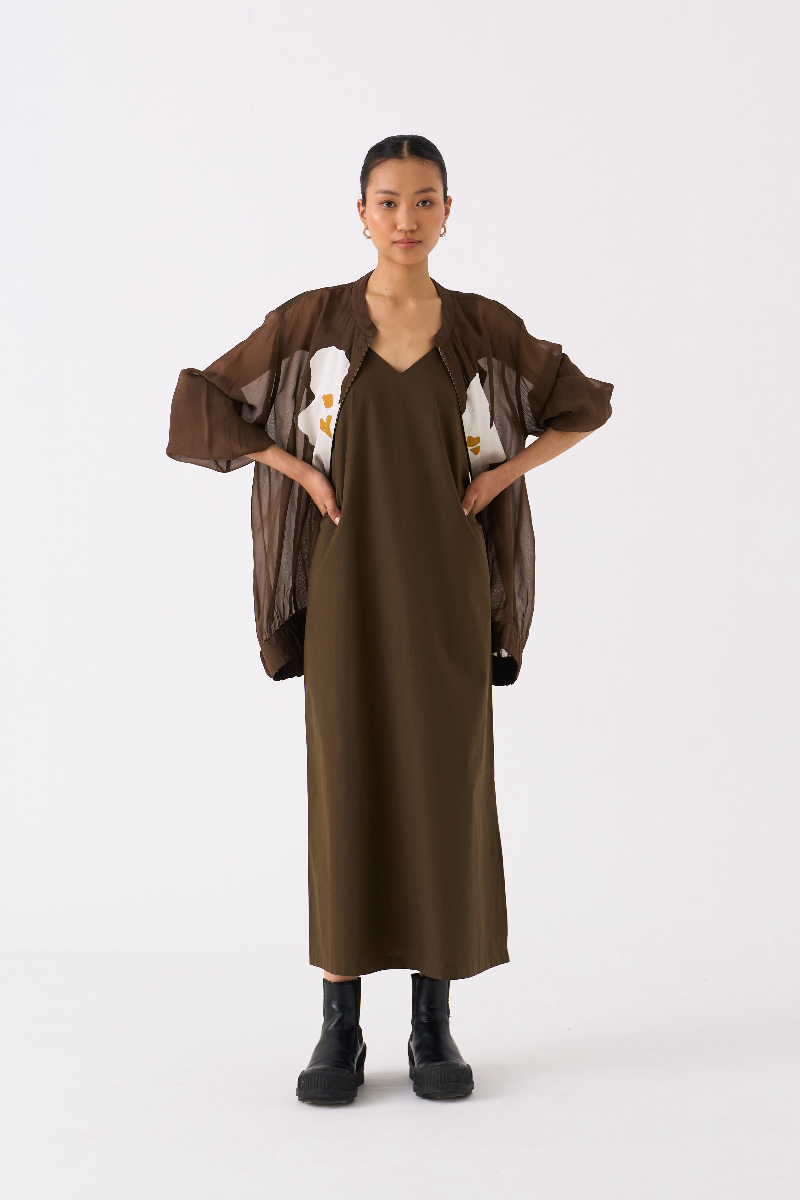FLORAL APPLIQUE BOMBER JACKET CO-ORD (SET OF 2)-DARK OLIVE poplin by THREE in olive color for women in Singapore