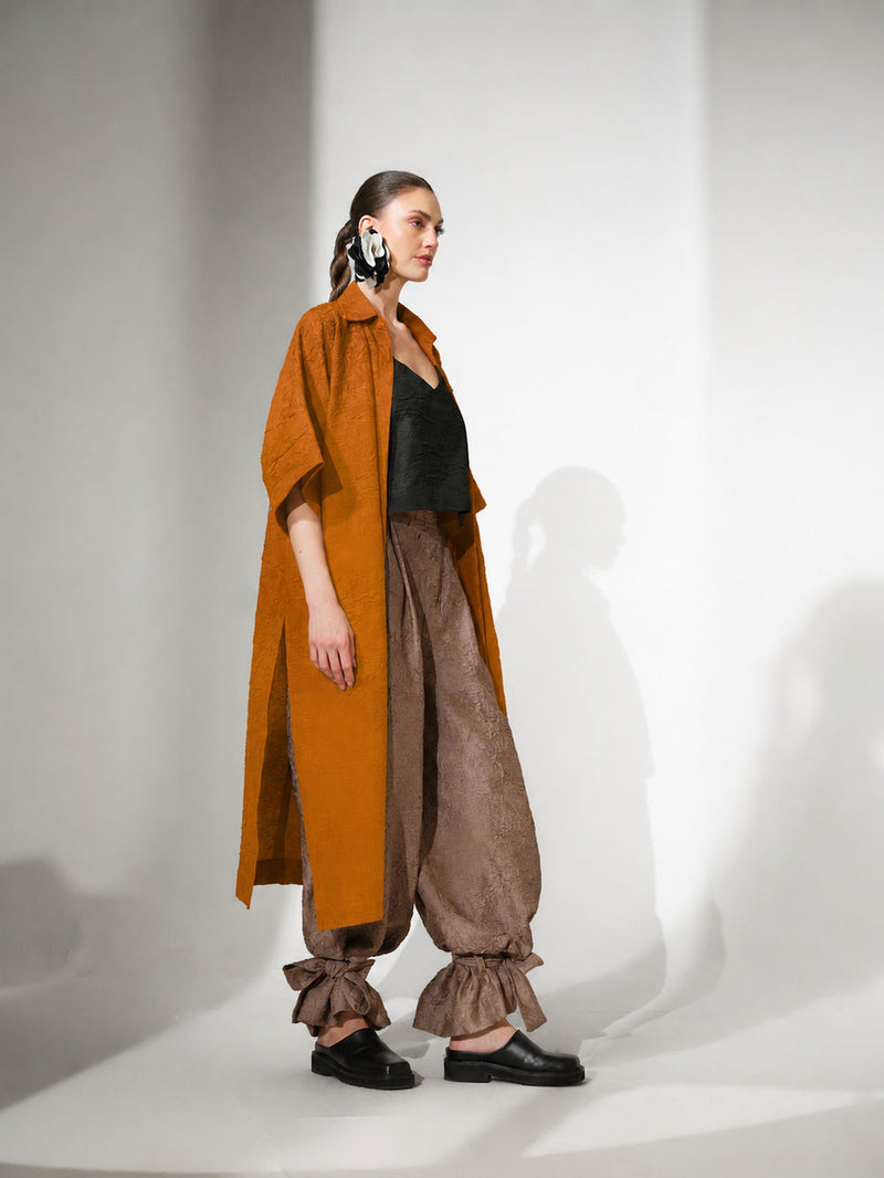 Grain Overlay-Ochre + Black crushed silk jacktes and overlays by Stoique in ochre, black for women in Singapore