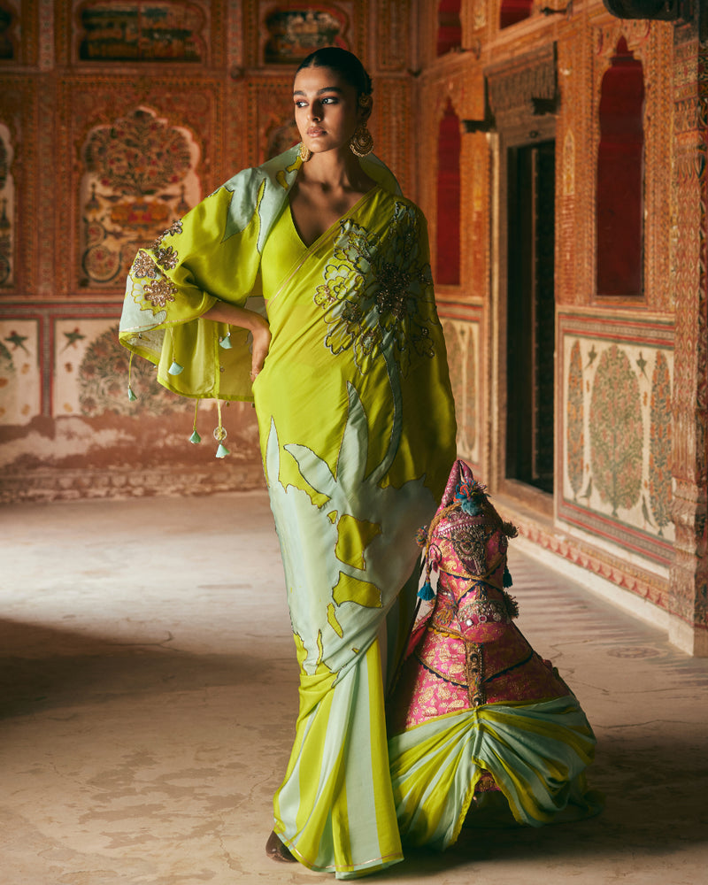Khel Bright Green And Powder Blue Floral Saree mul by Rajiramniq in multi color for women in Singapore
