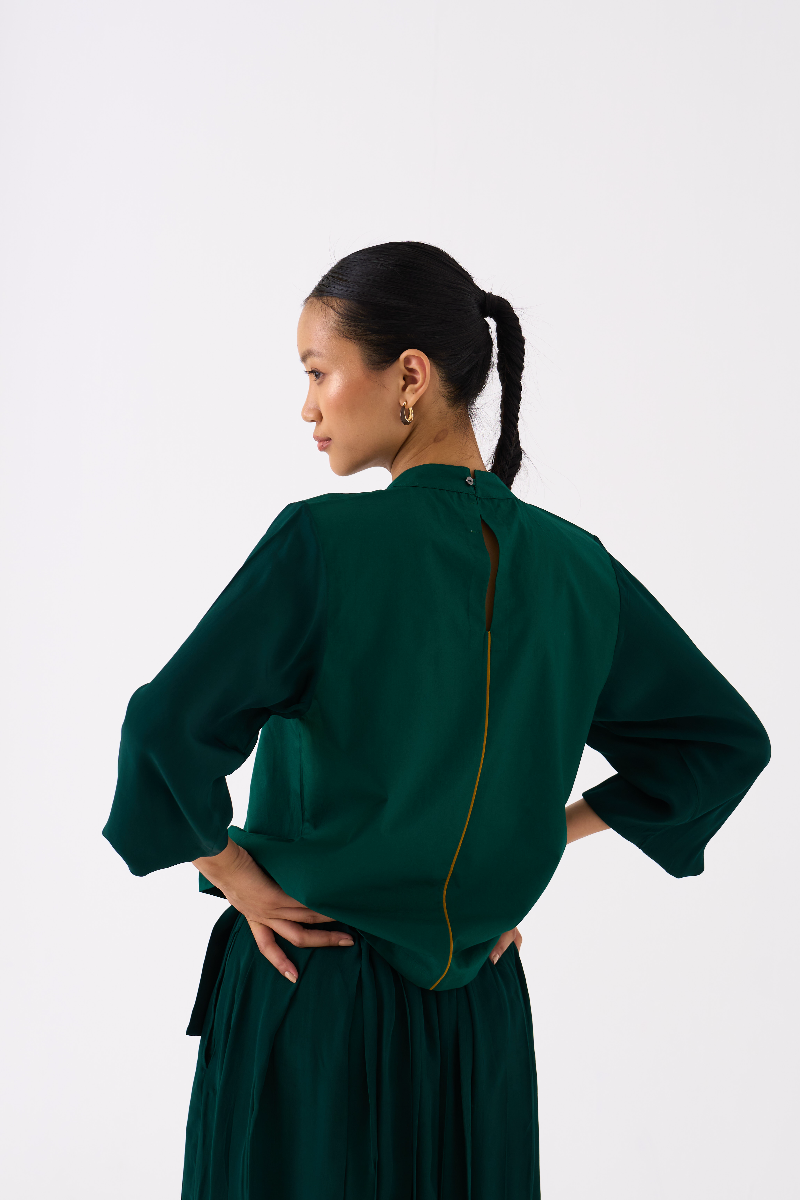 FLORAL APPLIQUE TOP-DARK GREEN poplin by THREE in green color for women in Singapore