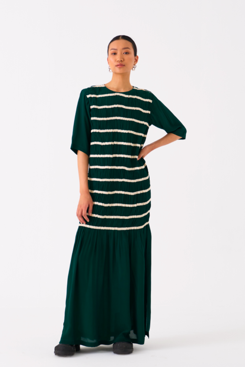SHIRRING DRESS-GREEN by THREE in green color for women in Singapore