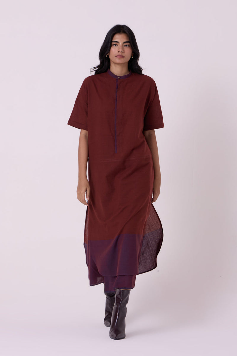 Hane Brown Colourblocked HandwovenTunic handwoven cotton tunics/kaftan by The Summer House in brown for women in Singapore