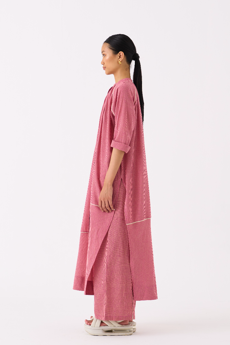 GATHER NECK SHIRT-PINK CHECK mul by THREE in pink color for women in Singapore