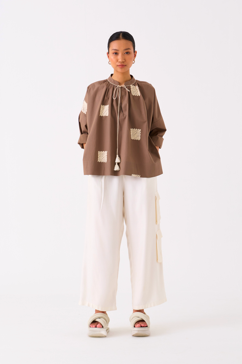 WAVE EMB. TOP-CEDAR poplin by THREE for women in Singapore