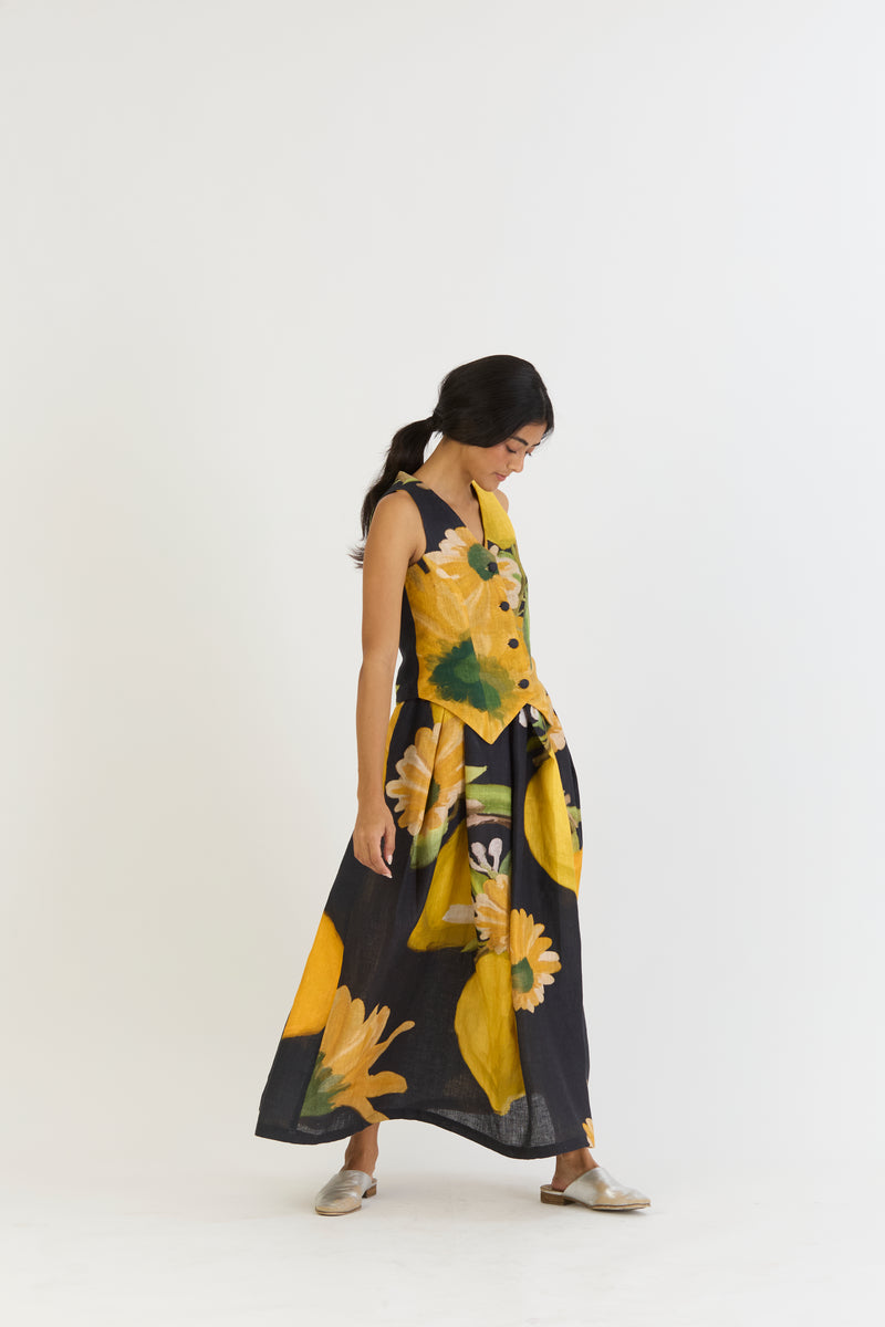 POMELLO WAISTCOAT AND BOX PLEAT SKIRT SET linen by Yam in yellow color for women in Singapore