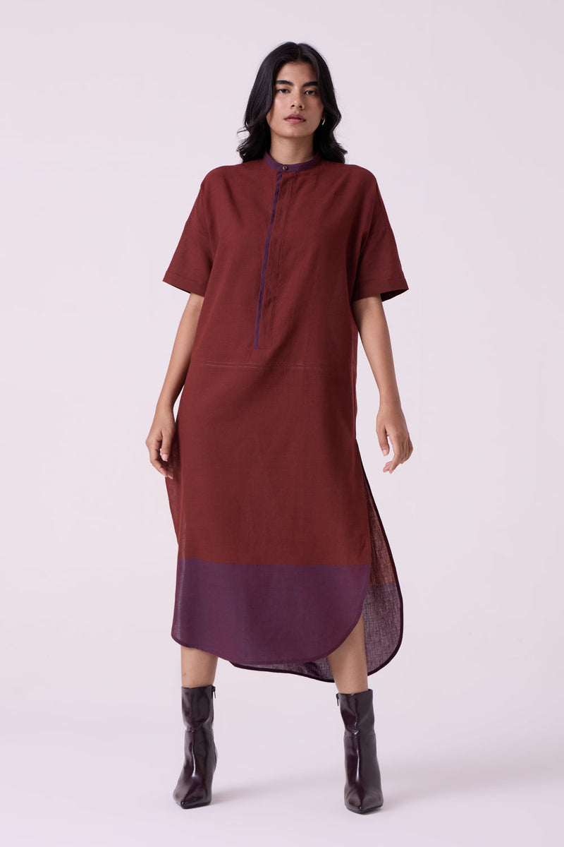 Hane Brown Colourblocked HandwovenTunic handwoven cotton tunics/kaftan by The Summer House in brown for women in Singapore