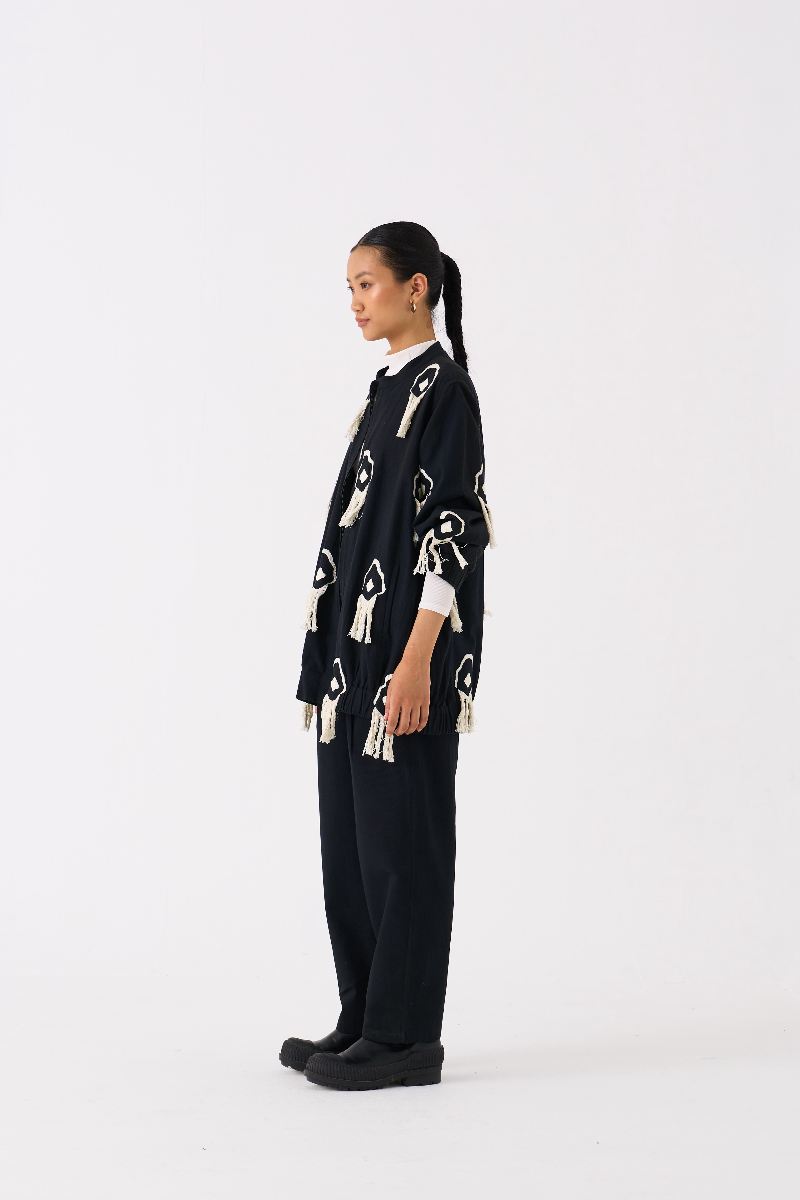 FRINGE BOMBER JACKET CO-ORD 
(SET OF 2)-BLACK by THREE in black color for women in Singapore