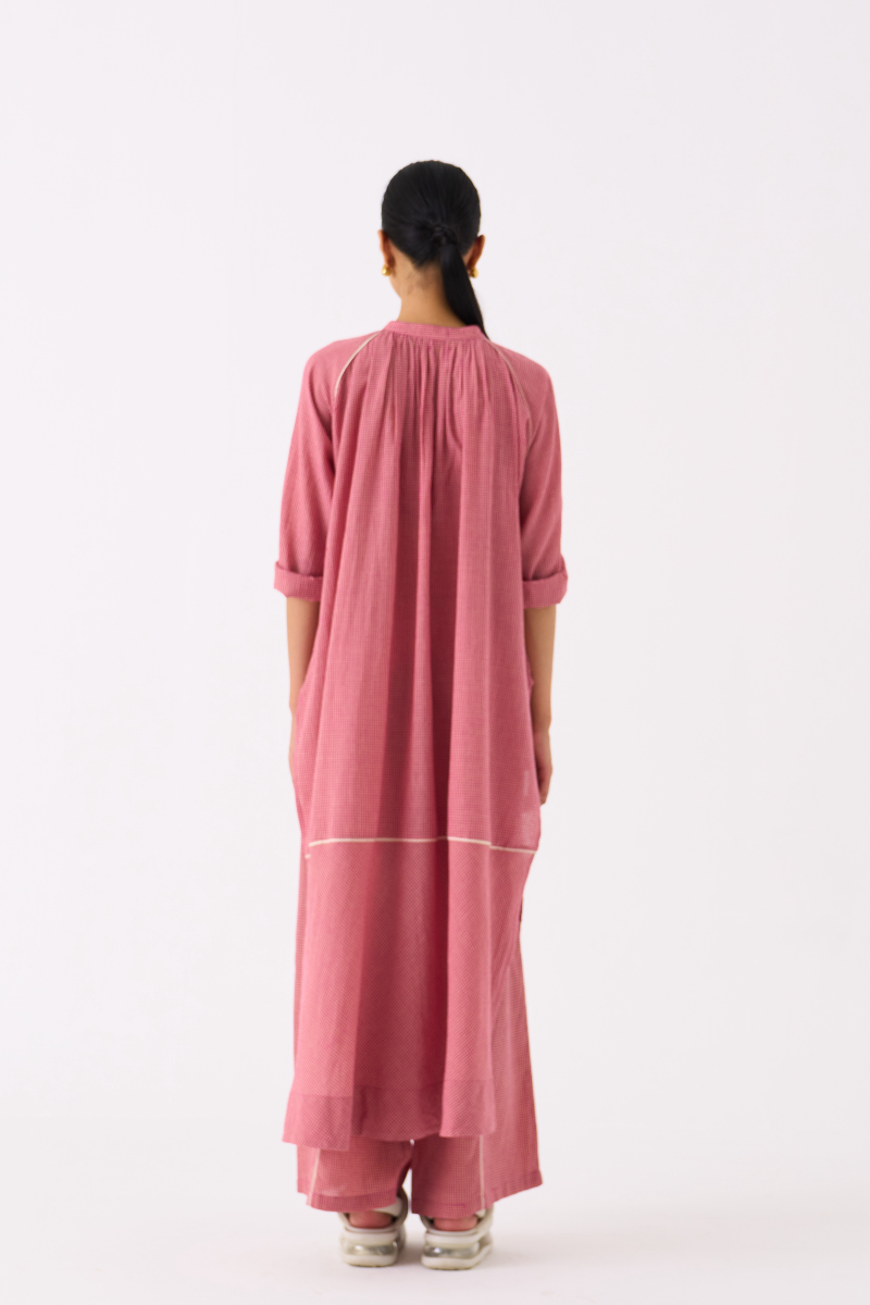 GATHER NECK SHIRT-PINK CHECK mul by THREE in pink color for women in Singapore