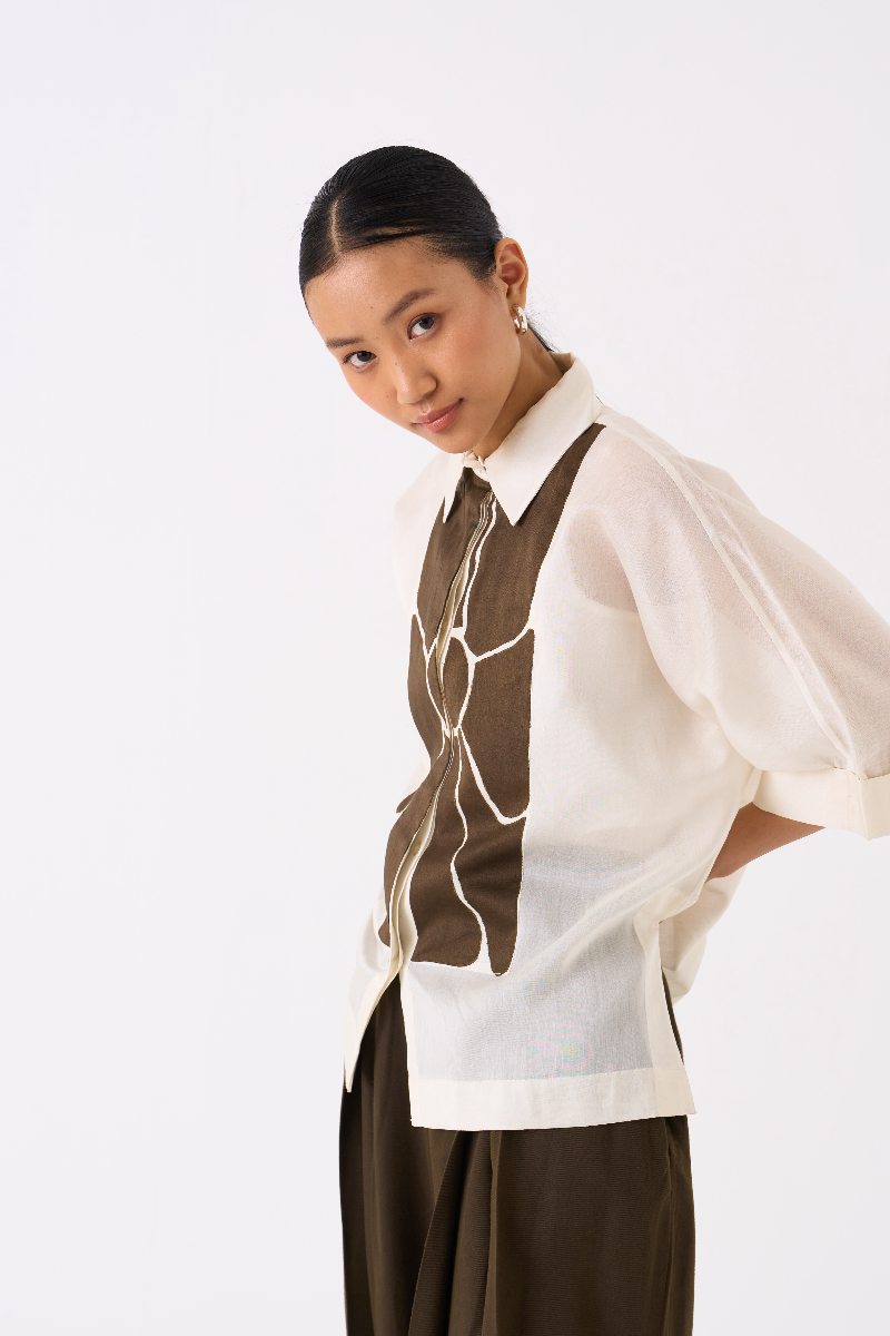 FLORAL APPLIQUE SHIRT-IVORY chanderi by THREE in ivory color for women in Singapore