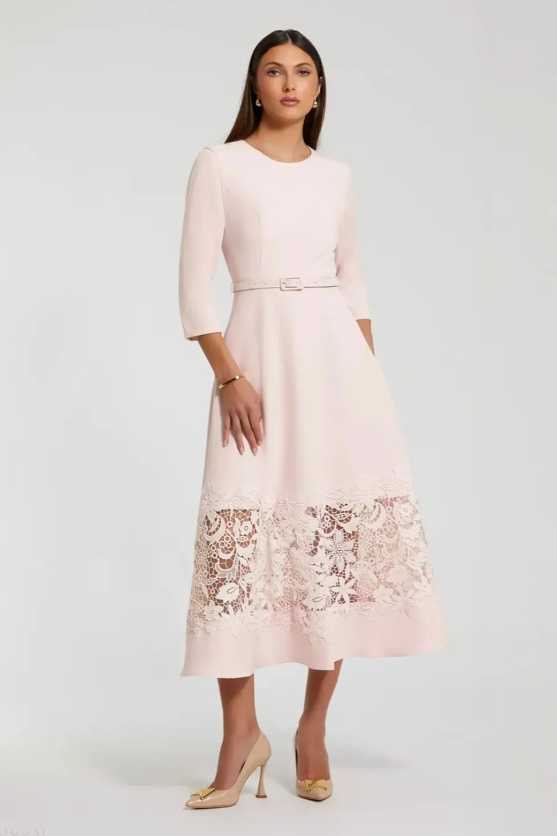 Pink Crepe Boat Neck Midi Dress With Applique Cut Out by Mac Duggal in blush color for women in Singapore