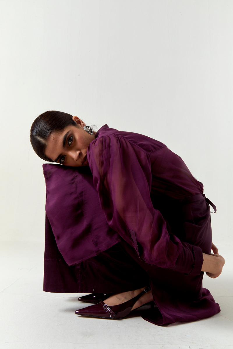 BEADED COLLAR SHEER SHIRT CO-ORD-WINE organza by THREE for women in Singapore