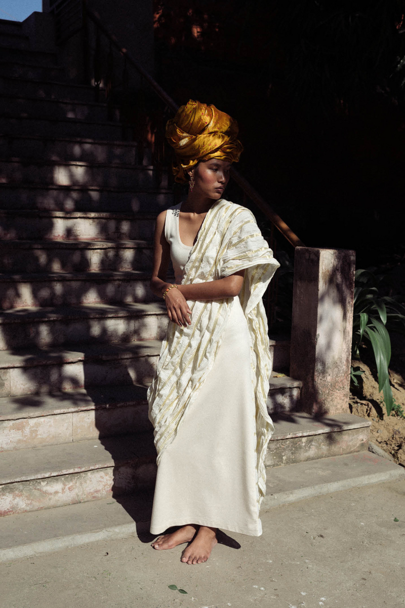 NAVA WOVEN SARI DRESS 100% cotton Buy NAVA WOVEN SARI DRESS from C&W | Dresses for Women by Ituvana in ivory color for women in Singapore