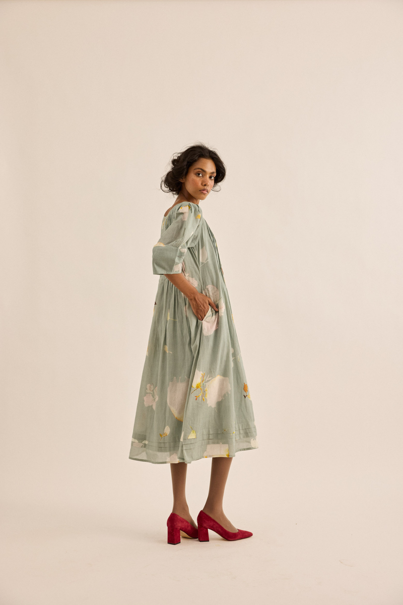 Cornflower Dress mul dress by Khara Kapas in sage green for women in Singapore