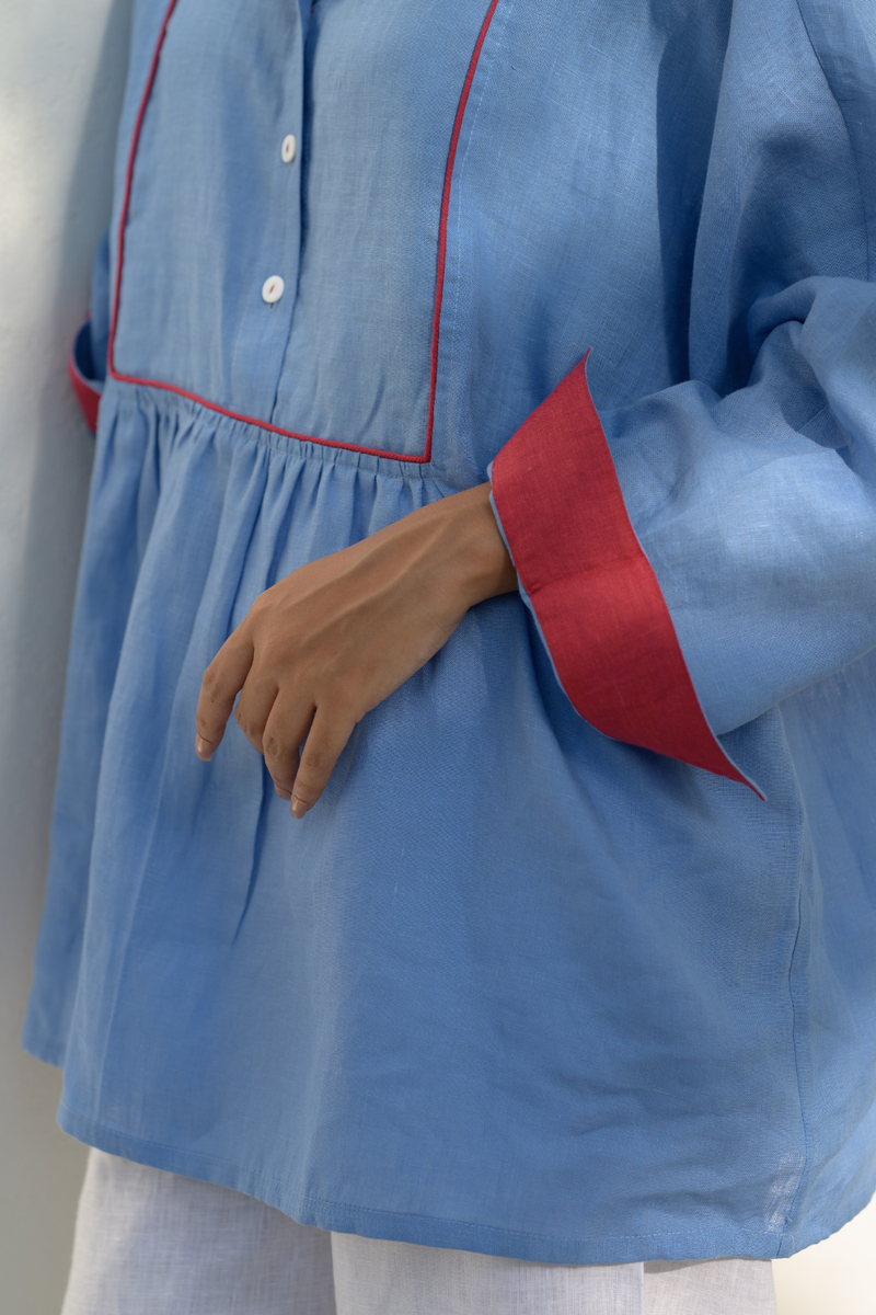 Coastal Palm Shirt linen top/shirt by Zanzibar Living in blue for women in Singapore